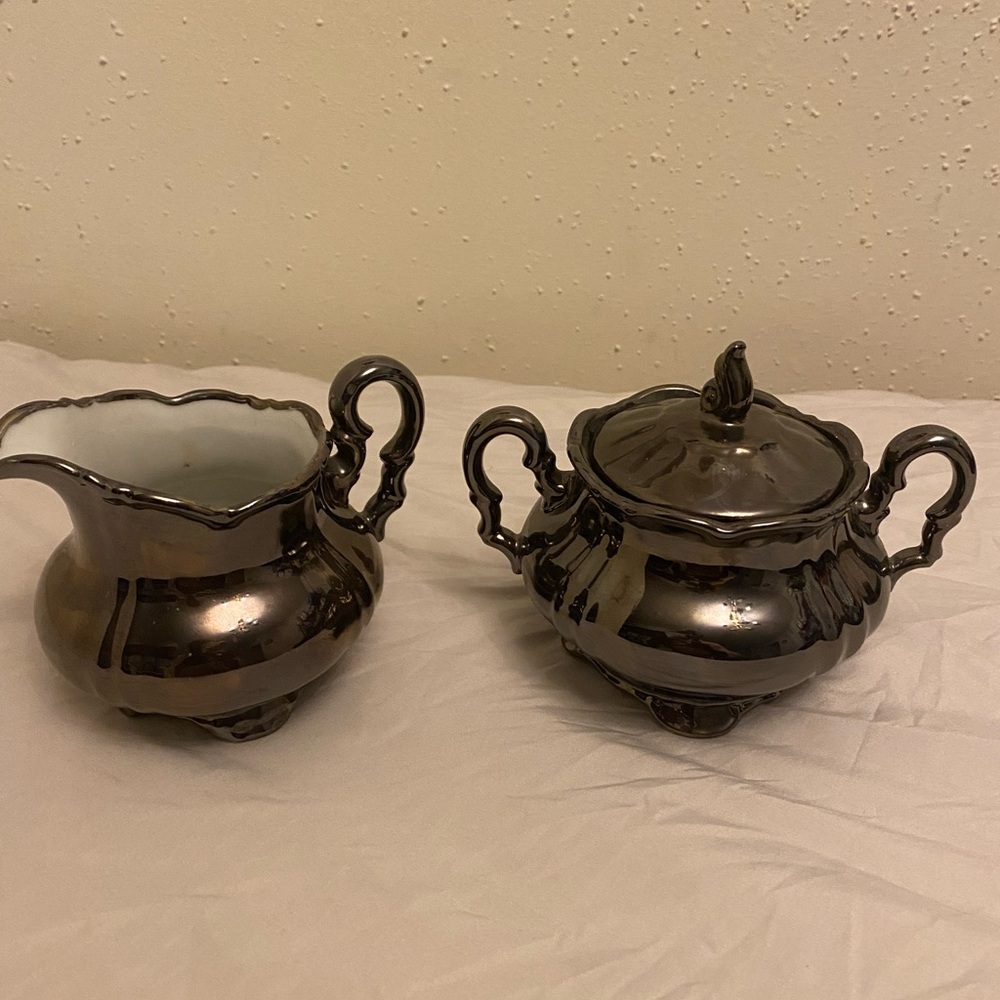 Vintage Lustraware Elegant Black Ceramic Creamer and Sugar Set